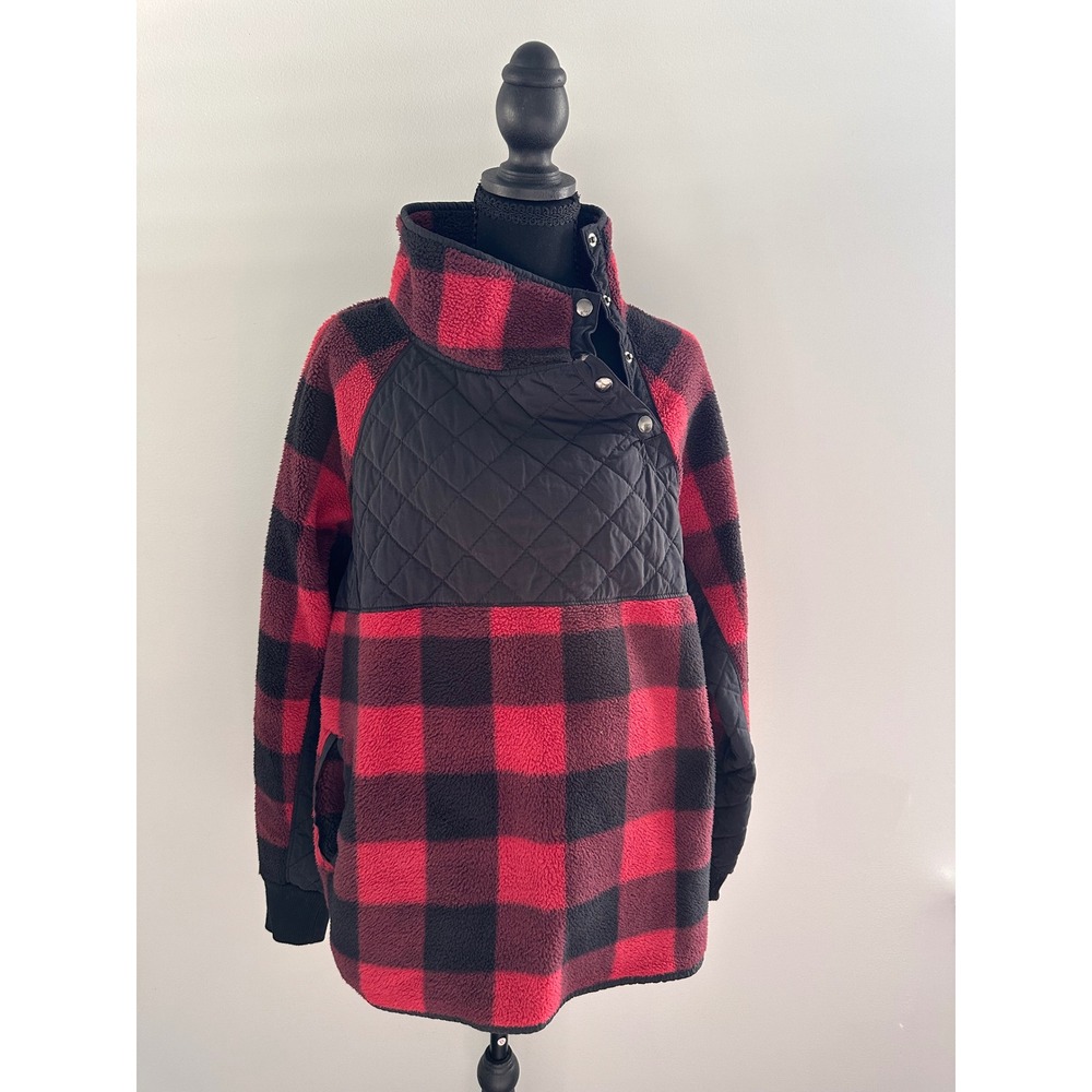 Abercrombie & Fitch Womens Red Black Buffalo Plaid Quilted Fleece Pullover Large